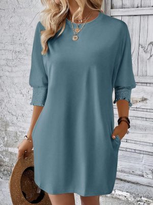 Womens Dresses 2025 Spring 3/4 Sleeve Fashion Dresses Crewneck Casual Mini Dress with Pockets S-XL