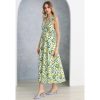 Women V Neck Sleeveless Cotton Midi Dress Lemon Printed Button Beach Vacation Summer Long Dress with Side Pockets