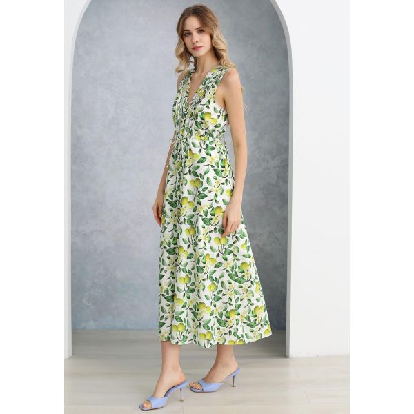 Women V Neck Sleeveless Cotton Midi Dress Lemon Printed Button Beach Vacation Summer Long Dress with Side Pockets