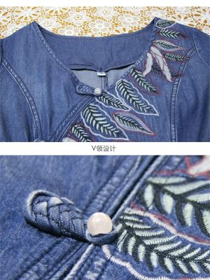 Women V-Neck Vintage Asymmetrical A-Line Dress Half Sleeve Buttons Retro Slim Chinese Denim Dresses