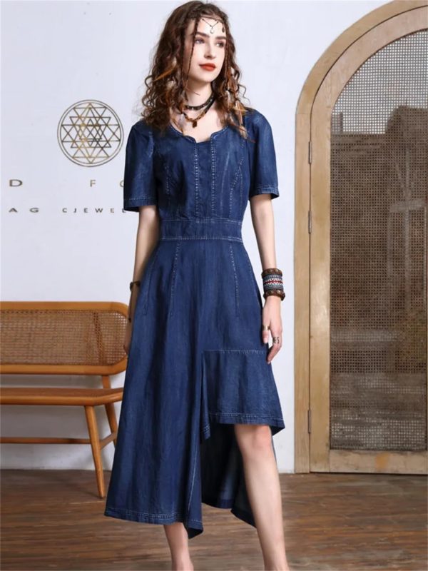 Women Summer Asymmetrical Puff Sleeve Vintage A-Line Jeans Dress V-Neck High Waisted Irregular Denim Dress