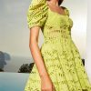 Women Hollow Out Mini Square Collar Puff Sleeve High Waist Slimming Hit Color Print Short Dress