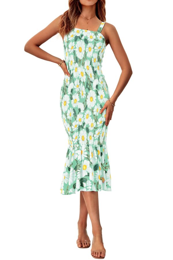 Women's Summer Floral Midi Tank Dress Sleeveless Strappy Ruffle Hem Smocked Bodycon Dresses