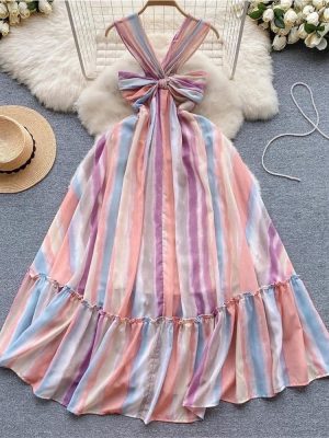 Bandage Midi Dress Women Summer Beach Vacation Sleeveless A-Line Holiday Dress Sexy Resort Evening Wear