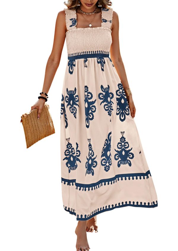 Womens Summer Boho Maxi Dress 2025 Casual Sleeveless Square Neck Floral Aline Smocked Beach Dresses with Pockets