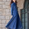 Women A-Line Denim Dress Embroidery Floral Vintage Midi Dress Long Sleeve Slim Joint Jeans Dress