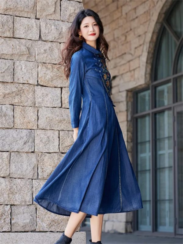Women A-Line Denim Dress Embroidery Floral Vintage Midi Dress Long Sleeve Slim Joint Jeans Dress
