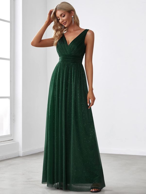 Women's V-Neck High Wasit Glitter Maxi Evening Dress 07764-USA