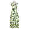 Women V Neck Sleeveless Cotton Midi Dress Lemon Printed Button Beach Vacation Summer Long Dress with Side Pockets