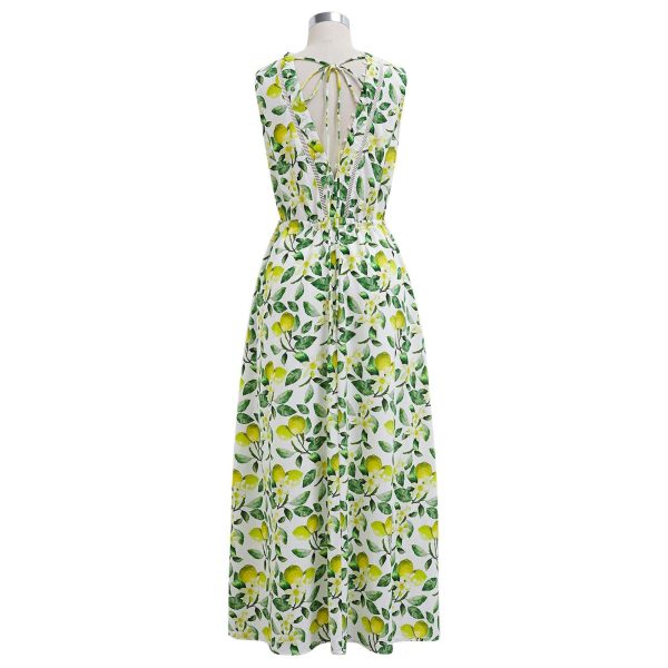 Women V Neck Sleeveless Cotton Midi Dress Lemon Printed Button Beach Vacation Summer Long Dress with Side Pockets