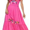 Women's Summer Maxi Dress Casual Floral Embroidered Round Neck Short Sleeve Ruffle Tiered Dress Flowy Boho Beach Sundress