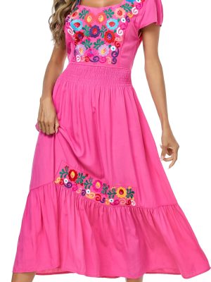 Women's Summer Maxi Dress Casual Floral Embroidered Round Neck Short Sleeve Ruffle Tiered Dress Flowy Boho Beach Sundress