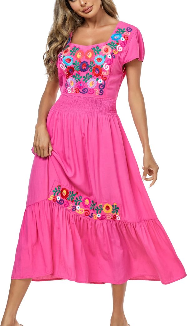 Women's Summer Maxi Dress Casual Floral Embroidered Round Neck Short Sleeve Ruffle Tiered Dress Flowy Boho Beach Sundress