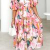 Women's Boho Floral Midi Dress Smocked Beach Flowy Dress