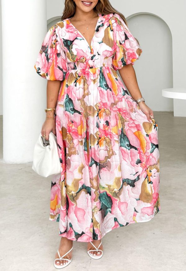Women's Boho Floral Midi Dress Smocked Beach Flowy Dress