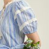 Women French Retro Striped Dress Round Neck Lace-Up Waist Tie Bubble Sleeve Elegant Dresses