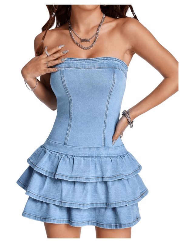 Women's Sexy Jeans Denim Strapless Dresses Bodycon Corset Tube Mini Dress