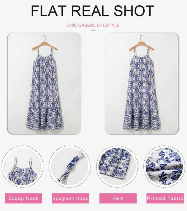 Women Summer Dresses 2025 Spaghetti Strap Scoop Neck Smocked Ruffle Flowy Boho Maxi Dress