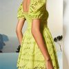 Women Hollow Out Mini Square Collar Puff Sleeve High Waist Slimming Hit Color Print Short Dress