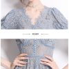 Womens Big Swing Lace Hollow Out Dress Vintage Elegant Slim High Waist Single Breasted Sexy V-Neck Dress