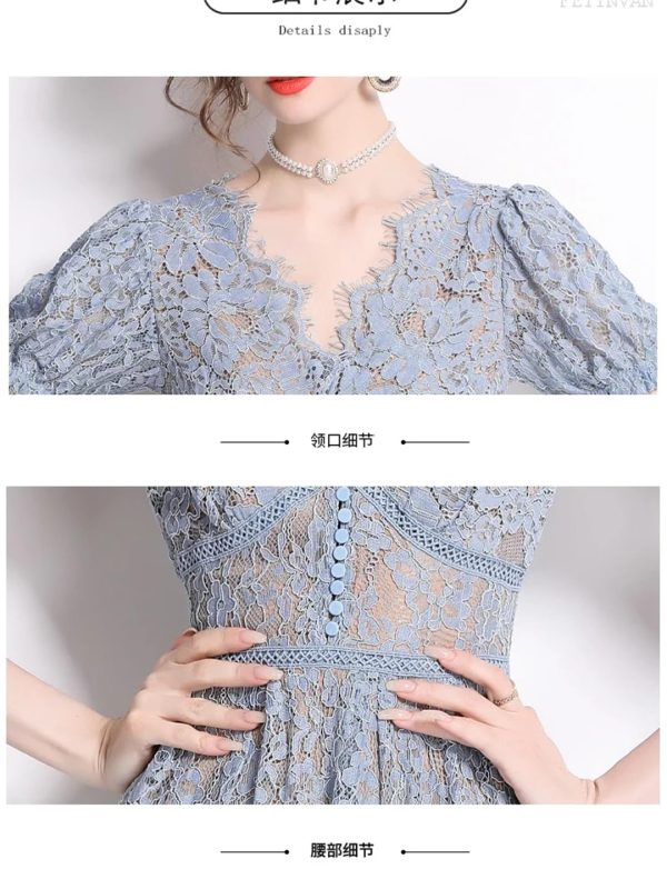 Womens Big Swing Lace Hollow Out Dress Vintage Elegant Slim High Waist Single Breasted Sexy V-Neck Dress