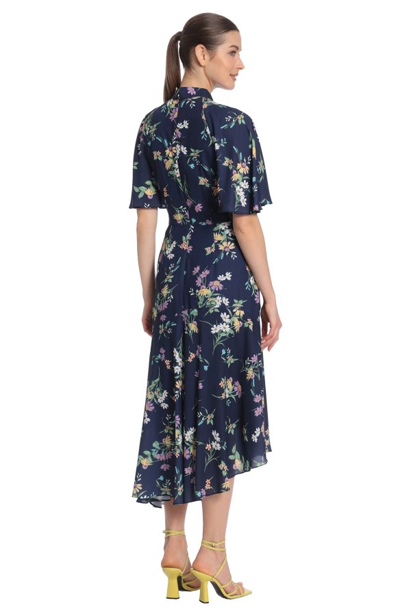 Women's Floral Printed Flutter Sleeve Midi Dress with Twist Mock Neck and Asymmetrical Hem