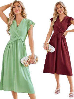 Womens Dresses Ruffle Short Sleeves Empire Waist Elastic V-Neck A-Line Maxi Dress Light Green ＆ Wine Red 2 Sets