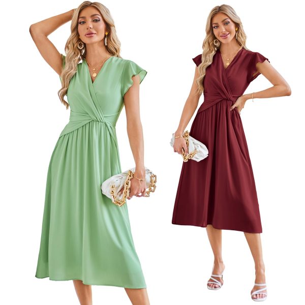 Womens Dresses Ruffle Short Sleeves Empire Waist Elastic V-Neck A-Line Maxi Dress Light Green ＆ Wine Red 2 Sets