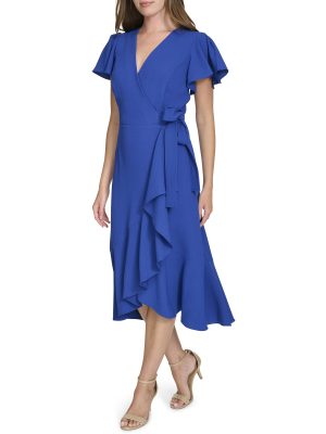 Women's V Neckline Midi Length Short Flutter Sleeve Dress