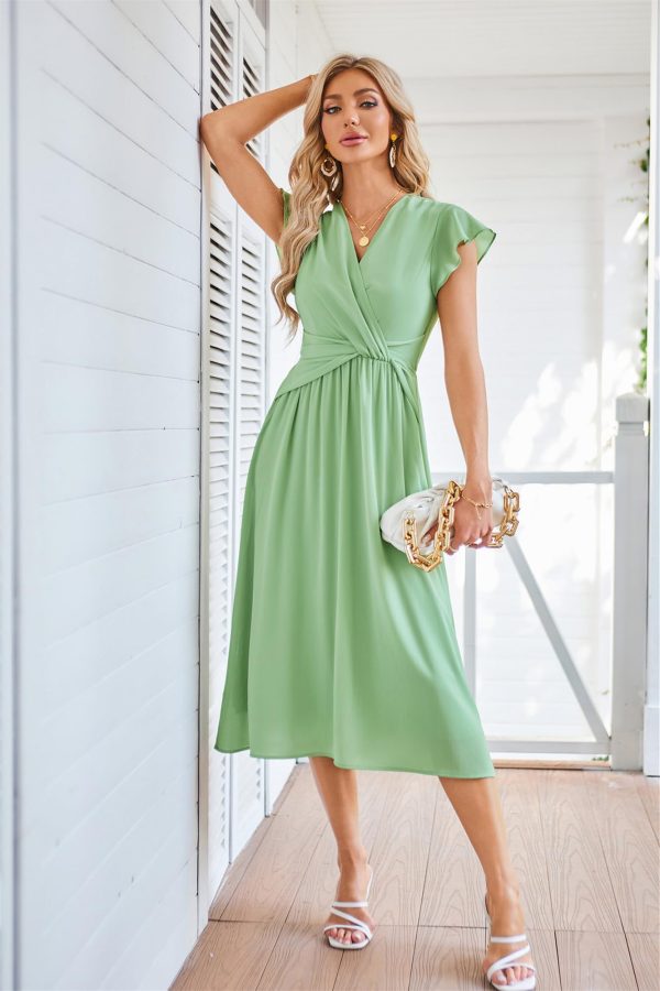 Womens Dresses Ruffle Short Sleeves Empire Waist Elastic V-Neck A-Line Maxi Dress Light Green ＆ Wine Red 2 Sets
