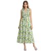 Women V Neck Sleeveless Cotton Midi Dress Lemon Printed Button Beach Vacation Summer Long Dress with Side Pockets
