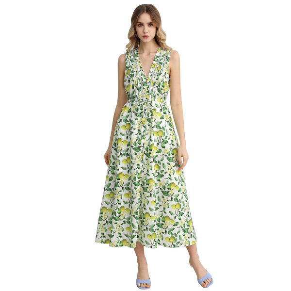 Women V Neck Sleeveless Cotton Midi Dress Lemon Printed Button Beach Vacation Summer Long Dress with Side Pockets