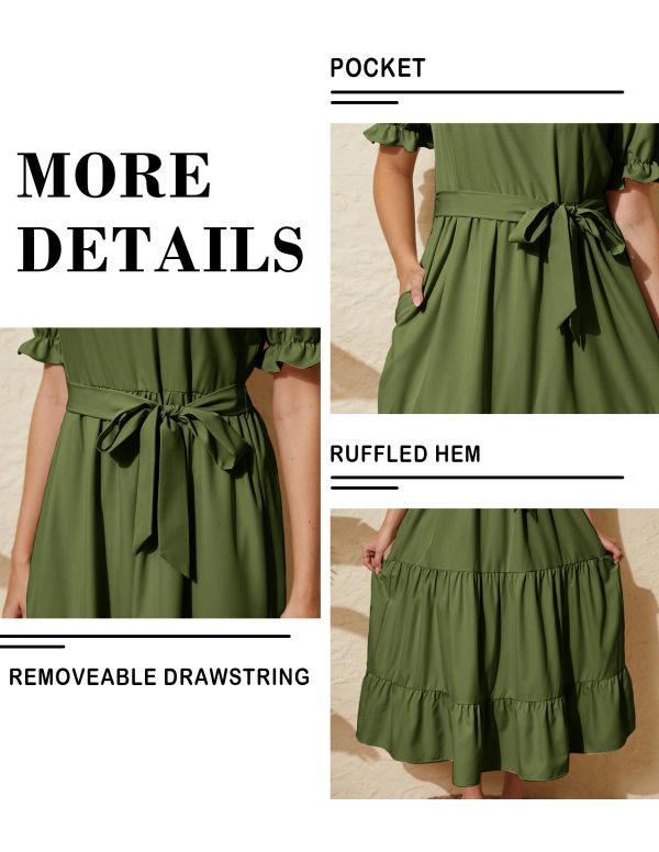 Women's Tiered Midi Dress with Tie Waist Flowy Summer Casual Short Sleeve Boho Swing Dress with Pocket