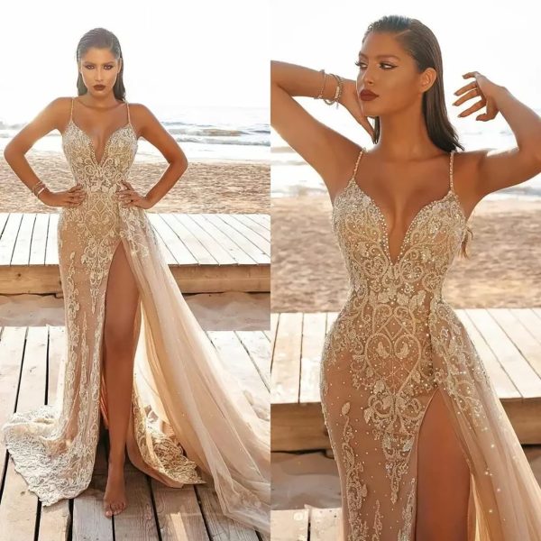Women Summer Bridesmaid Evening Dress Mesh Hollow Cocktail Party Sundresses Sleeveless V Neck Split Long Wedding Dress