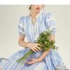 Women French Retro Striped Dress Round Neck Lace-Up Waist Tie Bubble Sleeve Elegant Dresses