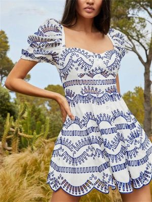 Women Hollow Out Mini Square Collar Puff Sleeve High Waist Slimming Hit Color Print Short Dress
