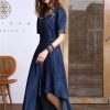 Women Summer Asymmetrical Puff Sleeve Vintage A-Line Jeans Dress V-Neck High Waisted Irregular Denim Dress