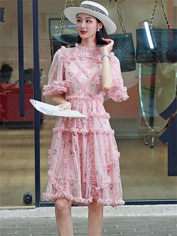Women Embroidered Ruffle Summer Dress Light Short Sleeve Temperament Flower Dress