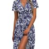 Womens Summer Wrap V Neck Casual Dresses Floral Short Sleeve A-Line Midi Sundress