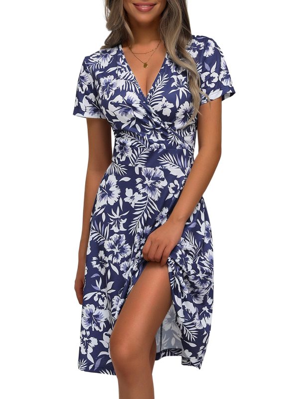 Womens Summer Wrap V Neck Casual Dresses Floral Short Sleeve A-Line Midi Sundress