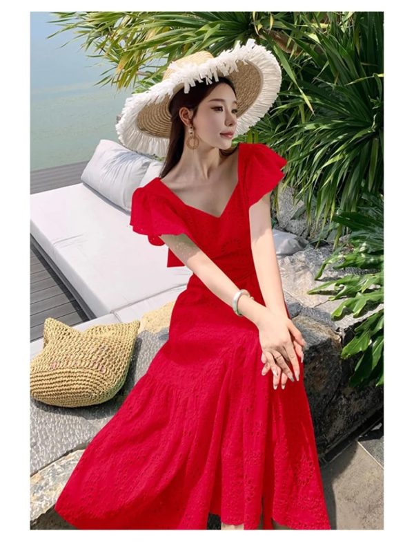 Women's Summer Hollow Out Embroidery Flower Dress Sexy V Neck Flying Sleeve Vacation Long Dress