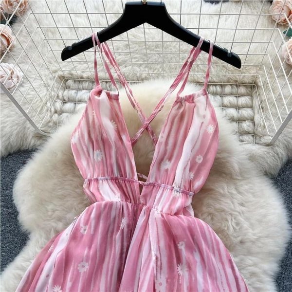 Printed Backless Dress Women Summer Criss Cross Flared Midi Beach Skirt Holiday Pleated Party Outfit