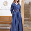 Women Vintage Blue A-Line High Waisted Retro Dresses Three Sleeve Belt Embroidery Denim Dress
