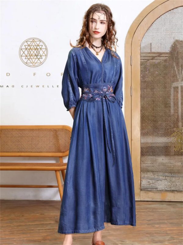 Women Vintage Blue A-Line High Waisted Retro Dresses Three Sleeve Belt Embroidery Denim Dress