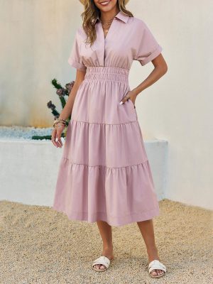 Womens Summer Short Sleeve Maxi Dresses Casual V Neck Smocked Loose Tiered Flowy Shirt Dress with Pockets