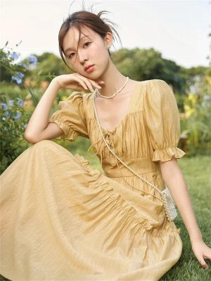 Women's Solid Dress A-Line Lace-Up V-Neck Flare Sleeve Elegant Office Ruffle Dress