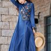 Women A-Line Denim Dress Embroidery Floral Vintage Midi Dress Long Sleeve Slim Joint Jeans Dress
