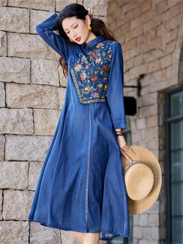 Women A-Line Denim Dress Embroidery Floral Vintage Midi Dress Long Sleeve Slim Joint Jeans Dress
