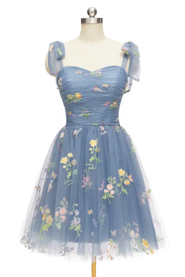 Short Homecoming Dresses for Teens Flower Embroidery Tulle Spaghetti Strap Knee Length Daisy Floral Prom Dresses