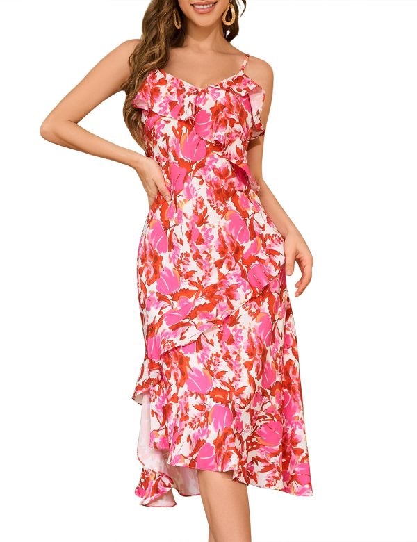 Women Ruffle Floral Summer Wedding Guest Dresses Midi Adjustable Straps Dress Casual Boho Easter Sundress